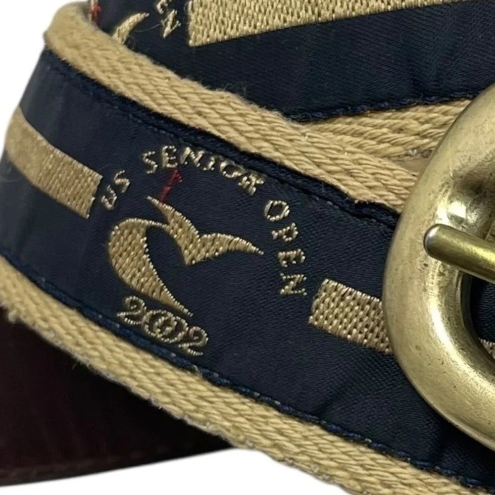 Vintage YRI Men's Golf‎ Belt 42/105 Caves MD 2002 US Senior Open Design Tan Navy
